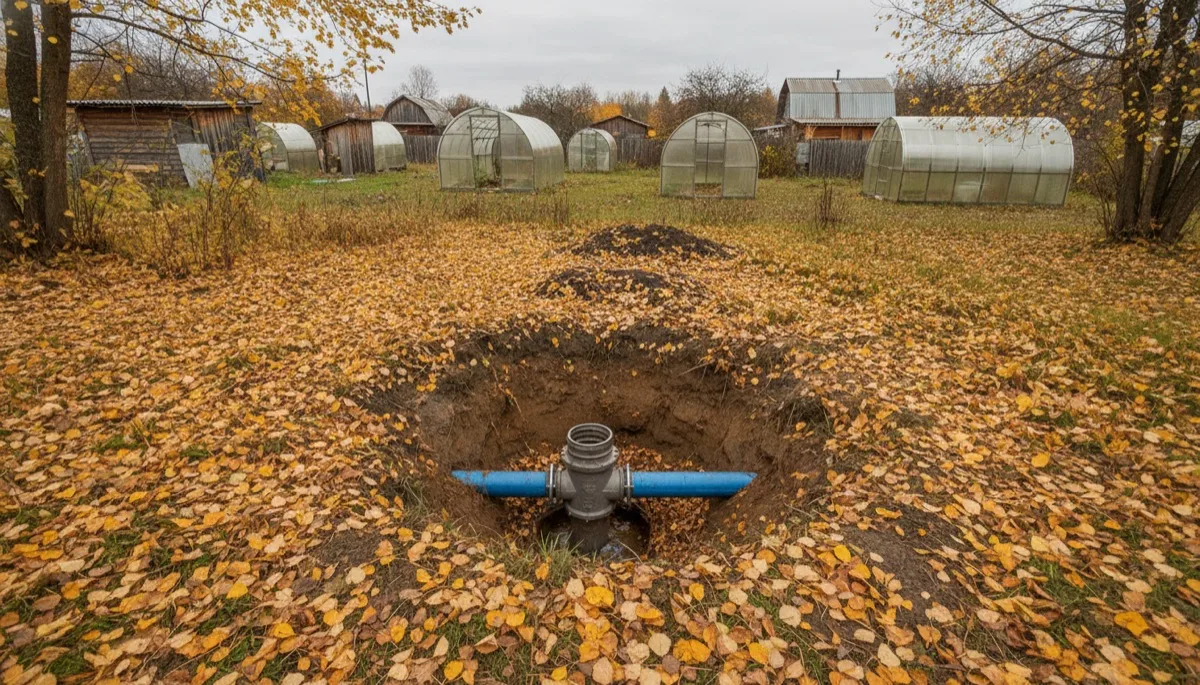 Оголовок скважины с синей трубой в открытом котловане среди осенней листвы